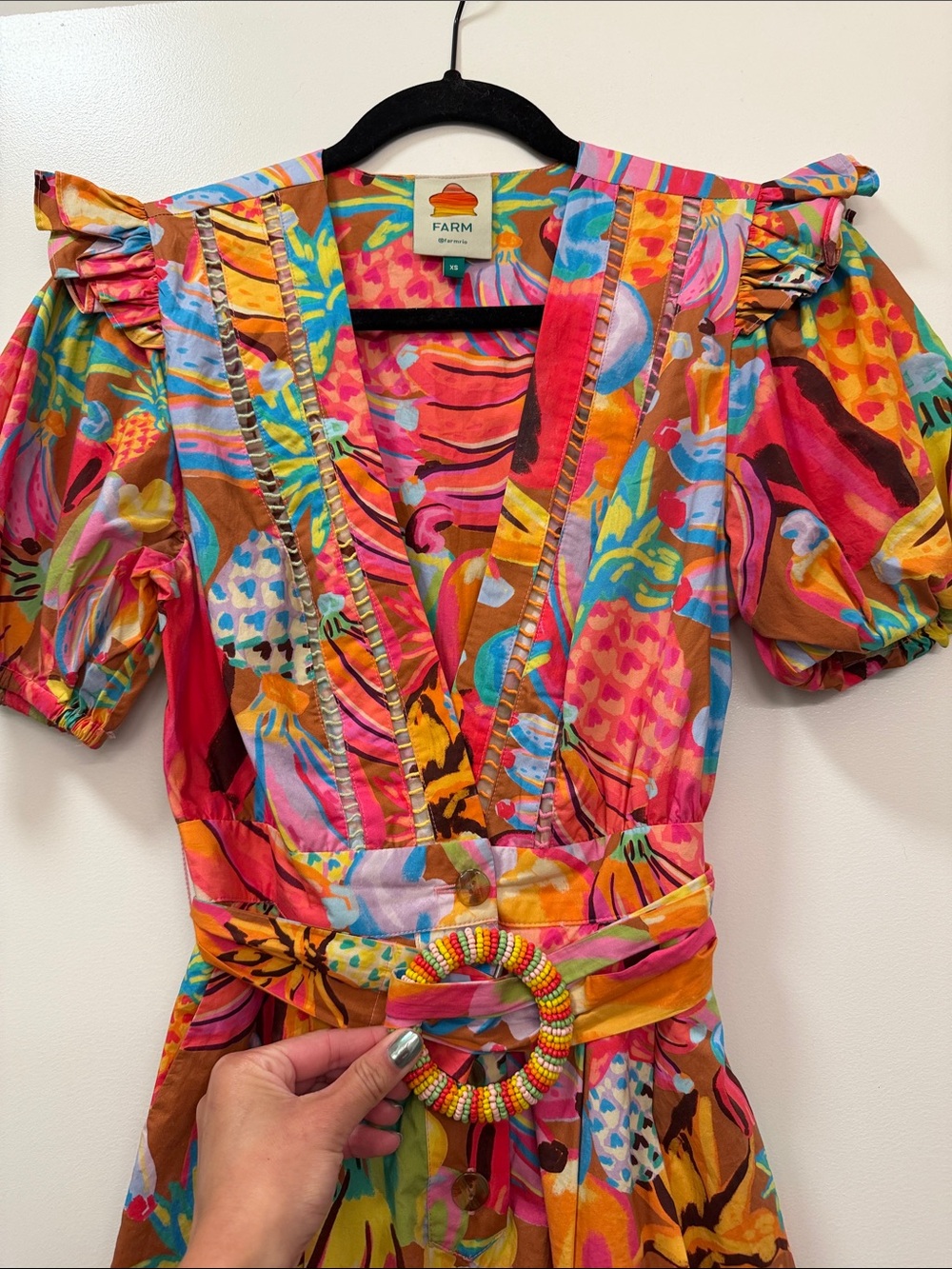 FARM Rio Tropical Fruit Print Puff Sleeve Romper Size XS Multicolor - Picture 2 of 7